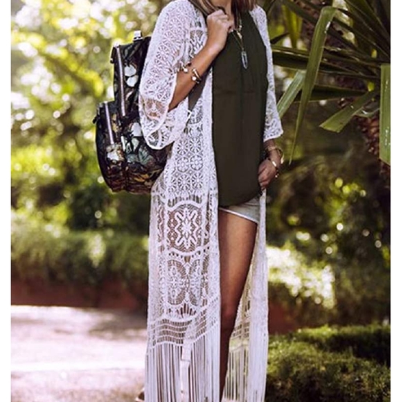 Tops - NWOT White boho crochet lace cover-up duster
